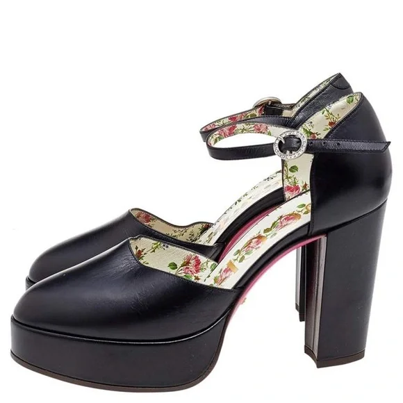 GUCCI Black Leather Agon Mary Jane Platform Pumps 37 - Picture 4 of 8